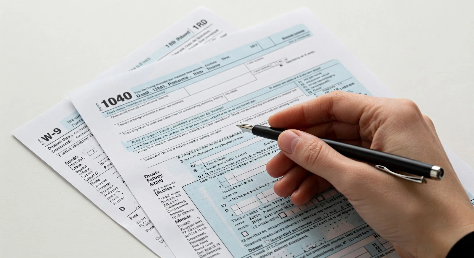 IRS tax forms including Form 1040 with a person holding a pen